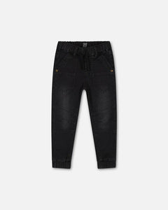 Black French Terry Denim Joggers > Deux Par Deux (pocket tabs)