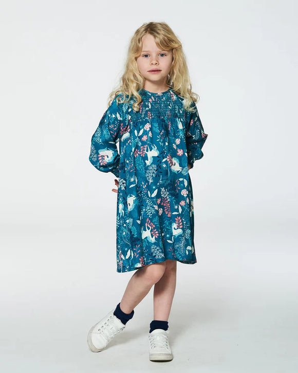 Teal Unicorn Viscose Dress > Deux Par Deux in size 5 & 6 only