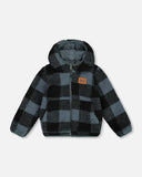 Reversible Blue-Black Plaid Sherpa Jacket  > Deux Par Deux in size 6 & 7