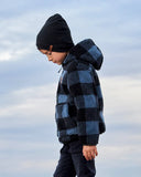 Reversible Blue-Black Plaid Sherpa Jacket  > Deux Par Deux in size 6 & 7