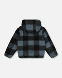 Reversible Blue-Black Plaid Sherpa Jacket  > Deux Par Deux in size 6 & 7