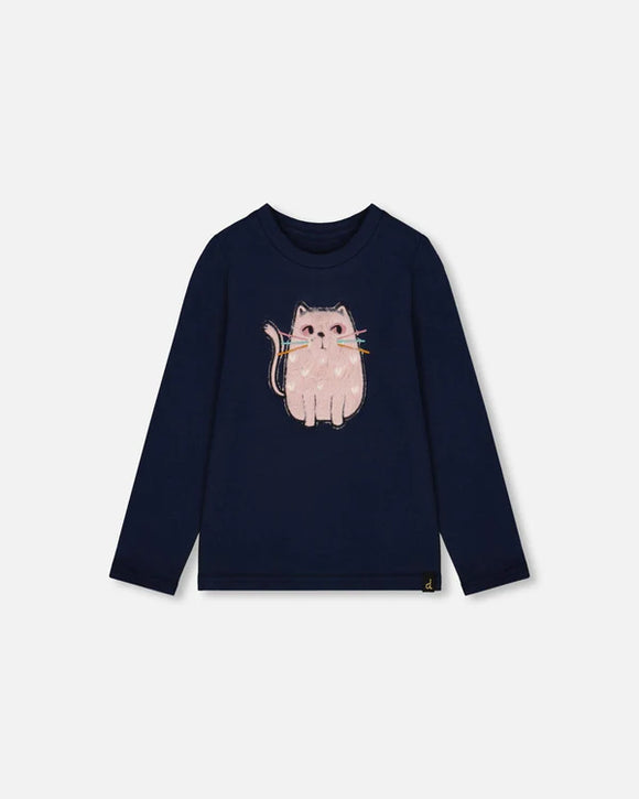 Kitty Cat Navy T-Shirt  Deux Par Deux - Organic Cotton