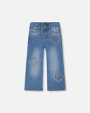 Wide Leg Stretch Denim with Flower Stitching - Deux Par Deux in sizes 2, 3, 4, 6 and 8 years