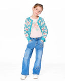Wide Leg Stretch Denim with Flower Stitching - Deux Par Deux in sizes 2, 3, 4, 6 and 8 years