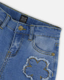 Wide Leg Stretch Denim with Flower Stitching - Deux Par Deux in sizes 2, 3, 4, 6 and 8 years
