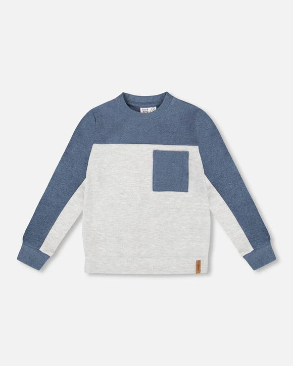 Blue & Oatmeal Colourblock Soft L/S Brushed Jersey Top > Deux Par Deux