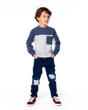 Blue & Oatmeal Colourblock Soft L/S Brushed Jersey Top > Deux Par Deux