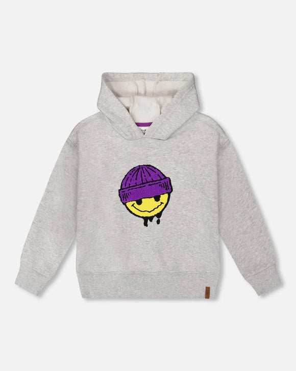Smiley Face Grey Fleece Hooded Sweatshirt > Deux Par Deux size 8 and 10
