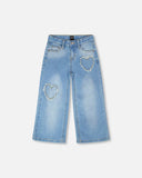 Wide Leg Stretch Denim (with hearts) > Deux Par Deux - light blue