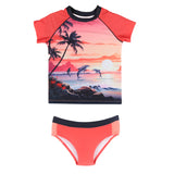 Burnt Orange Printed Rashguard Top and Bottom Swimsuit > Nano