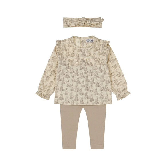 Baby Off-White & Taupe L\S Tee and Legging Set > Dirkje (with headband)