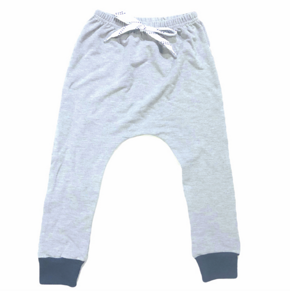 Portage And Main > Grey Joggers/Navy Cuff with Hockey Lace Tie in size 3/4 only