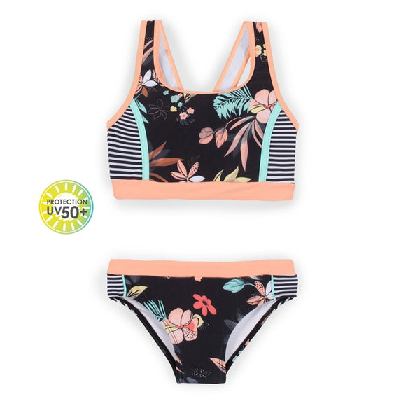 Tropical Black Floral - Stripe > Two Piece Swimsuit size 4  & 5